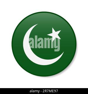 Pakistan circle button icon. Pakistani round badge flag with shadow. 3D realistic vector illustration isolated on white. Stock Vector