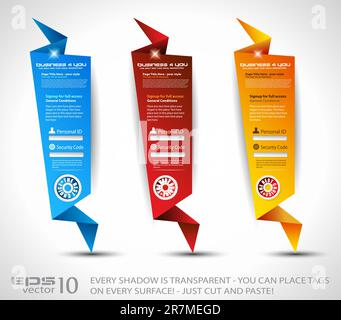 Origami Website vertical login form panels or banner to use for original style template designs for business elegant presentation. Stock Vector