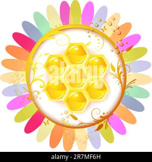 Honeycombs over colored floral background isolated on white Stock Vector