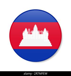 Cambodia circle button icon. Cambodian round badge flag with shadow. 3D realistic vector illustration isolated on white. Stock Vector