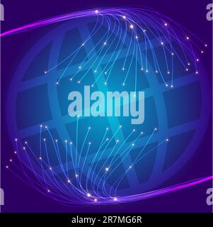 Abstract Background - Optical Fibers and Globe on Dark Blue Background Stock Vector
