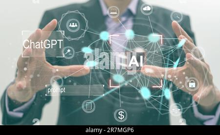 Artificial intelligence AI . Two hand holding virtual holographic Artificial intelligence icon with light blurred background. Data mining technology Stock Photo