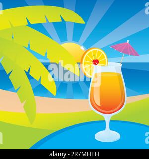 A glass of tequila sunrise cocktail on a tropical beach background. Stock Vector