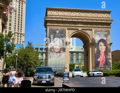 Fake two-thirds scale Arc de Triomphe at the Paris casino and resort in afternoon sun Las Vegas Nevada USA Stock Photo