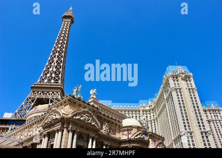 Fake half scale Eiffel Tower at the Paris casino and resort in afternoon sun Las Vegas Nevada USA Stock Photo