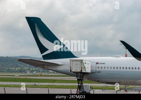 Zurich, Switzerland, May 2, 2023 B-LQC Cathay Pacific Airbus A350-941 aircraft is parking on the apron Stock Photo