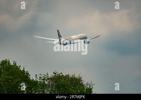 Zurich, Switzerland, May 2, 2023 Etihad Airways Boeing 787 Dreamliner aircraft take off from runway 16 Stock Photo