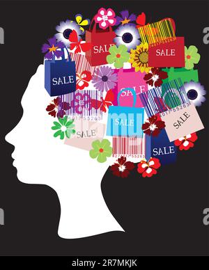 Vector illustration of a head silhouette with shopping icons Stock Vector