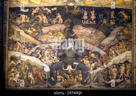 Lucifer Eating Sinners, Heaven and Hell fresco, Cappella Bolognini, Chapel of the Magi, Giovanni da Modena, 1410, inspired by Dante’s Divine Comedy, Stock Photo