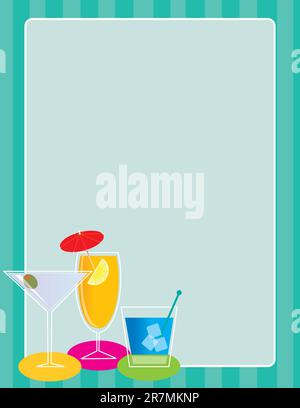 A frame or border featuring a set of three cocktails in one corner Stock Vector