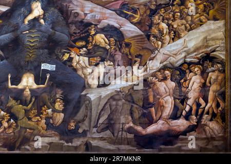 Lucifer Eating Sinners, Heaven and Hell fresco, Cappella Bolognini, Chapel of the Magi, Giovanni da Modena, 1410, inspired by Dante’s Divine Comedy, Stock Photo