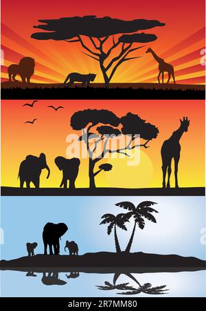 vector illustration of three different african landscapes with animals Stock Vector