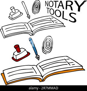 An image of a notary book, stamp, pen and fingerprint. Stock Vector