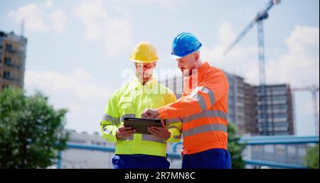 OSHA Inspector At Construction Site. Engineer Workers Stock Photo