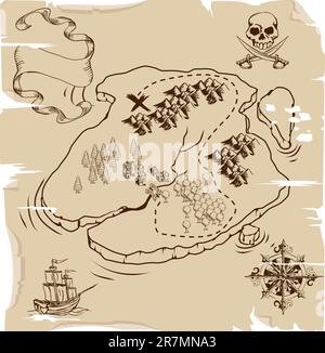 Illustration of an old fashioned pirate island treasure map Stock Vector