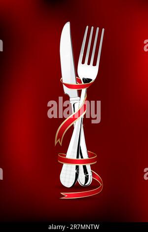 illustration of spoon and fork wrapped in ribbon on abstract background Stock Vector