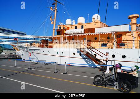 AARHUS, DENMARK -25 AUG 2022- View of the Dannebrog, Her Danish Majesty's Yacht (A540), residence at sea of Queen Margrethe II of Denmark and members Stock Photo