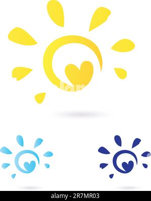 Vector Sun sign or icon isolated on white background. Yellow and blue color variants. Stock Vector