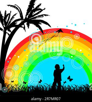 Background with Boy flying a kite Stock Vector
