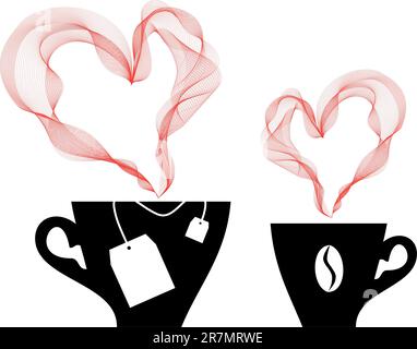 coffee and tea with heart steaming, vector Stock Vector