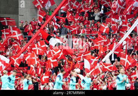 Denmark fans before the UEFA Euro 2024 Qualifying Group H match at Parken Stadium, Copenhagen. Picture date: Friday June 16, 2023. Stock Photo