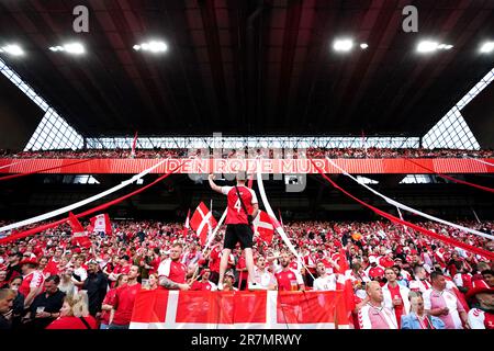 Denmark fans before the UEFA Euro 2024 Qualifying Group H match at Parken Stadium, Copenhagen. Picture date: Friday June 16, 2023. Stock Photo