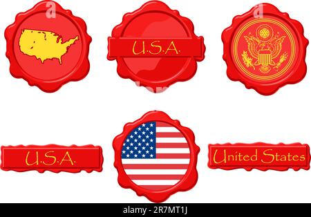 United States of America wax stamps with flag, seal, map and name. Stock Vector