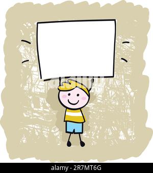 Cute happy boy in retro style holding blank banner sign - vector illustration. Stock Vector