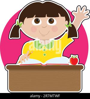 A little girl is raising her hand to answer a question in school - there is a book and an apple on her desk Stock Vector
