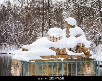 River Bug Sculpture in front of Palace on the Isle, Lazienki Park or Royal Baths Park, winter, Warsaw, Masovian Voivodeship, Poland Stock Photo