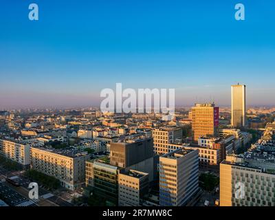 Marszalkowska Street and City Centre Skyline at sunrise, elevated view, Warsaw, Masovian Voivodeship, Poland Stock Photo