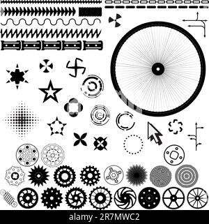 Set of monochrome vector elements for design - gears, wheels, stripes Stock Vector