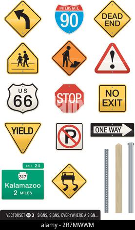 A wide assortment of street and highway sign vector illustrations. Includes three different post/pole designs which work with all of the signs. Eas... Stock Vector