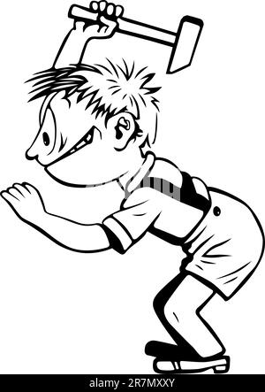 Boy dropping hammer on white Stock Vector