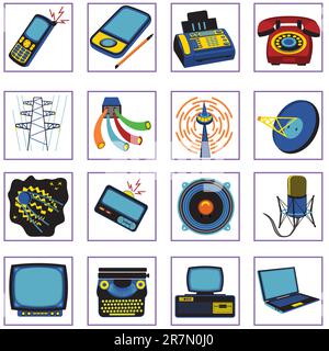 Set of 16 different communication icons, illustration in retro style. Stock Vector