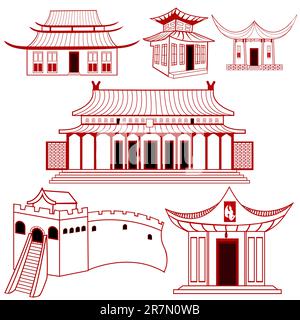 A collection of Chinese outlined traditional buildings illustrations. Stock Vector