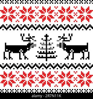 Nordic pattern with deer, black and red silhouettes isolated on white background. Stock Vector