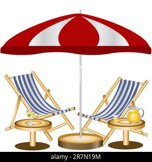 Illustration of two beach chairs under the sunshade. Stock Vector