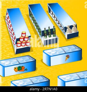 Detailed illustration of a supermarket gondolas, refrigerators and aisles. Stock Vector