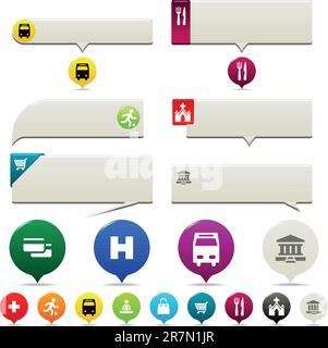 Pin points and Tool tip set. Six tool tip styles and Pin Points with icons in several colors. Stock Vector