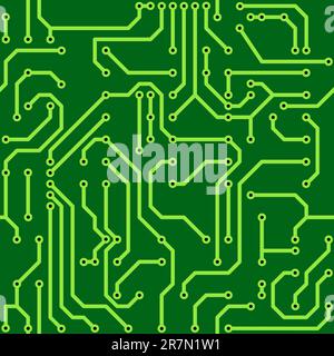 Abstract green background with conductor on computer circuit board. Vector illustration. Seamless pattern. Stock Vector