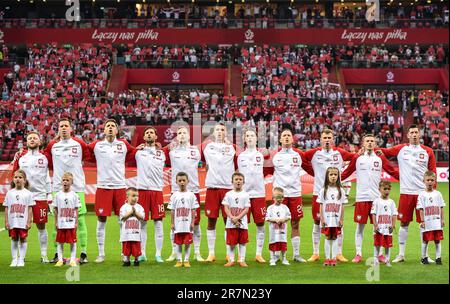 Warsaw, Poland. 16th June, 2023. Anthems during the international friendly match between Poland and Germany at Stadion Narodowy on June 16, 2023 in Warsaw, Poland. (Photo by PressFocus/Sipa USA) Credit: Sipa USA/Alamy Live News Stock Photo