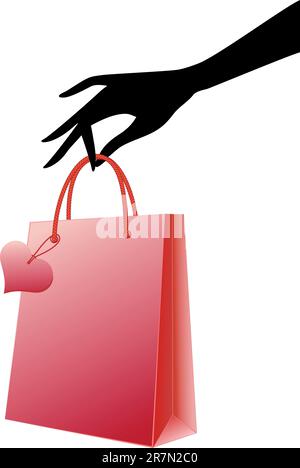 female hand holding red shopping bag, vector Stock Vector