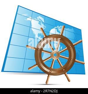 Steering wheel and the world map on a pure background Stock Vector