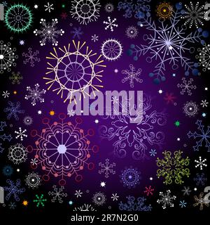 Black and violet effortless christmas pattern with colorful snowflakes (vector) Stock Vector
