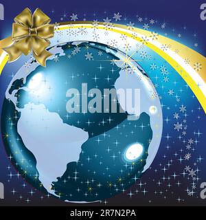 christmas greeting gold bow with planet earth on blue Stock Vector