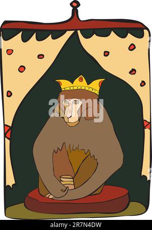 Brown monkey sitting on a throne with a crown on a head Stock Vector