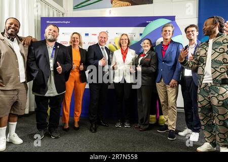 (L-R) Yosef Wolde-Mariam, Madcon, Mark Solomeyer, Vice President and Athlete Spokesperson Special Olympics Germany, Nancy Faeser, Federal Minister of the Interior and Home Affairs of Germany, Kai Wegner, Governing Mayor of Berlin, Christiane Krajewski, President Special Olympics Germany, Renee Manfredi SO Athlete andSargent Shriver International Global Messenger, Timothy Shriver, Chairman Special Olympics International, Sven Albrecht, CEO of the Organizing Committee for the Special Olympics World Games 2023 Berlin and Tshawe Baqwa, Madcon artists, authors of Berlin 2023 Games anthem attend the Stock Photo