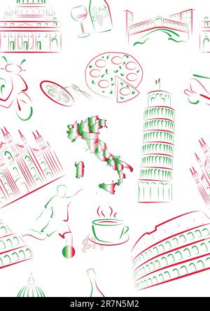 Set of vector drawn stylized sights and symbols of Italy. Seamless. Stock Vector