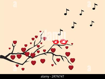 vector illustration of love branches with birds, hearts and musical notes Stock Vector